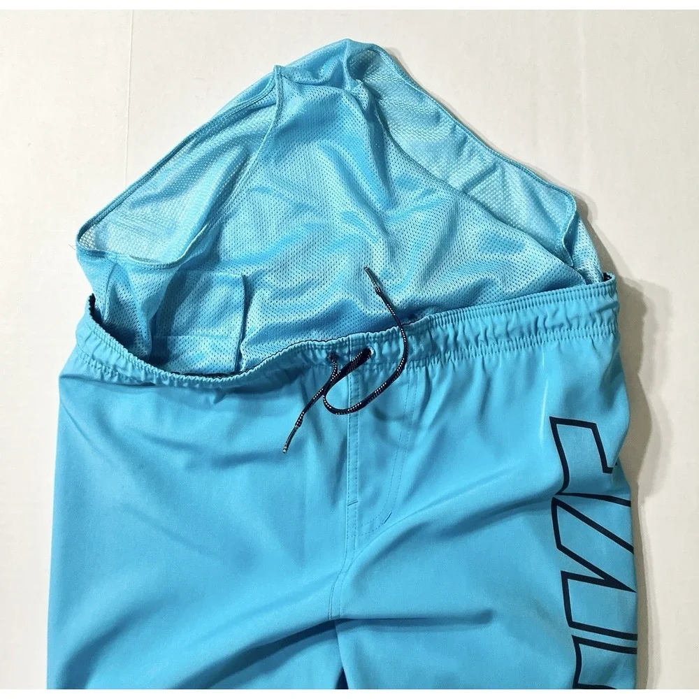 Nike Swim Trunks Men's Small Blue Logo Spellout Vacation Built In Briefs Pockets